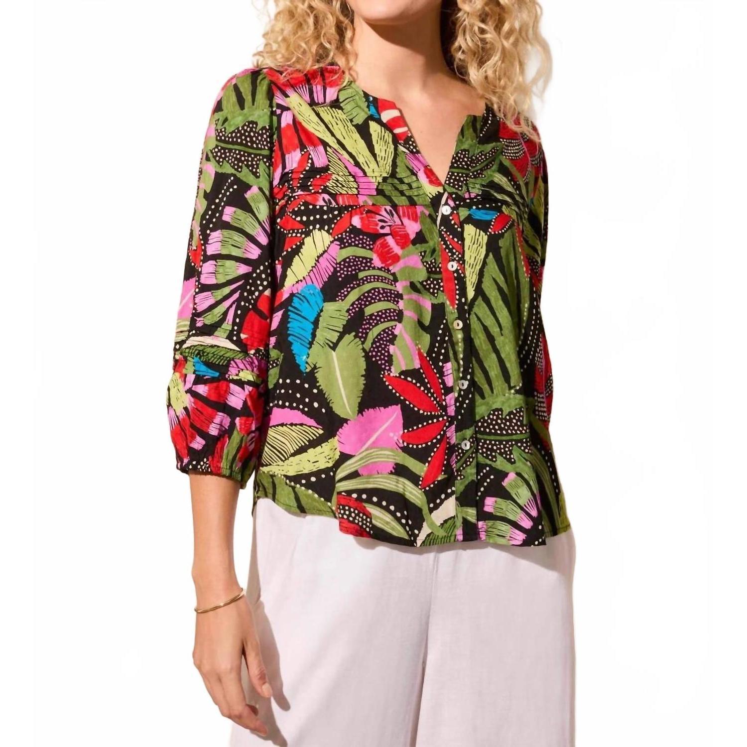 New Tribal 3/4 Slv Btn Frt Boulse W/ Pleats In Loden